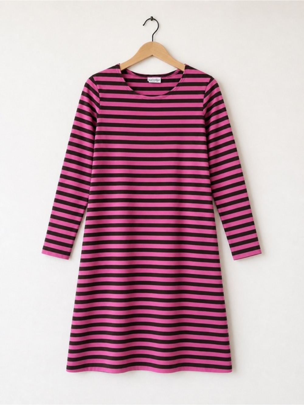 Vintage Marimekko Tasaraita Stripe Shift Dress Pink Brown Long Sleeve Finland, S